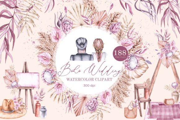 Boho Wedding Watercolor Clipart PNG: Design Inspiration
